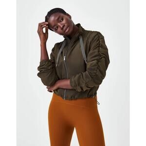 Spanx Ruched Organza Windbreaker Jacket Size Medium Dark Olive Athleisure Zip Up